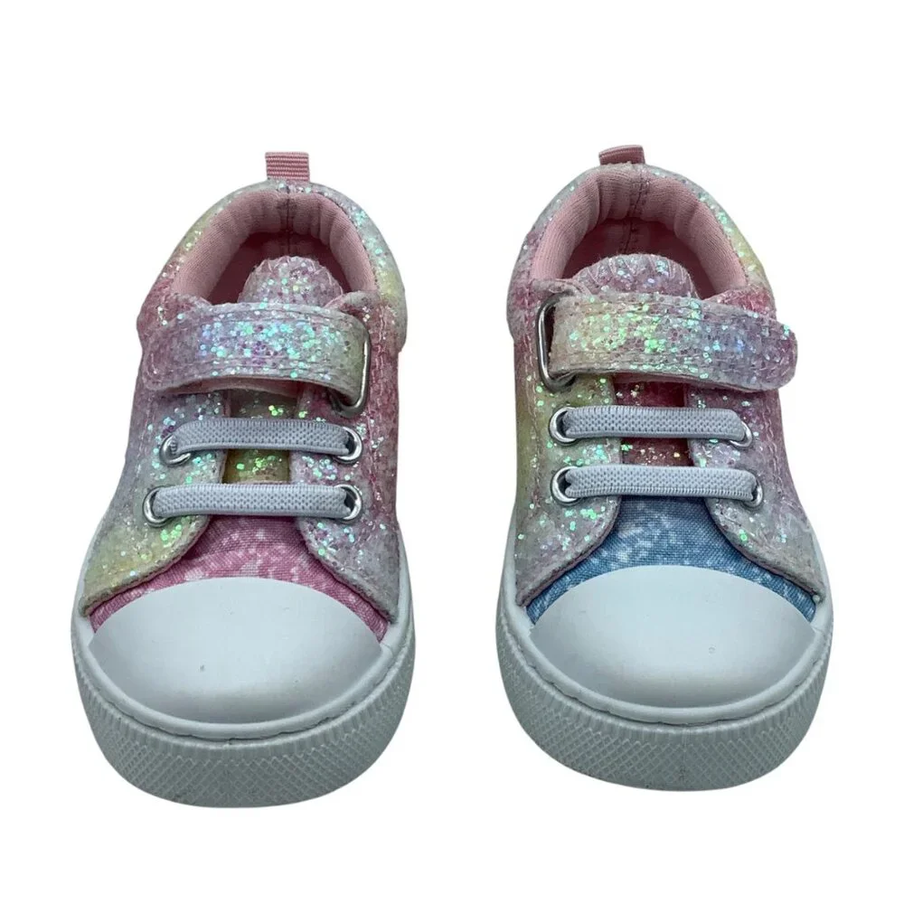 Kids Glitter Rainbow Sneakers With Velcro Strap & Lace-Up Detail Size 4
